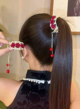 丝绒玫瑰花高马尾抓夹女固定神器后脑勺珍珠流苏发夹发饰防塌发卡