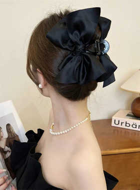 法式超大号黑色缎面蝴蝶结抓夹高级感发夹女后脑勺优雅鲨鱼夹头饰