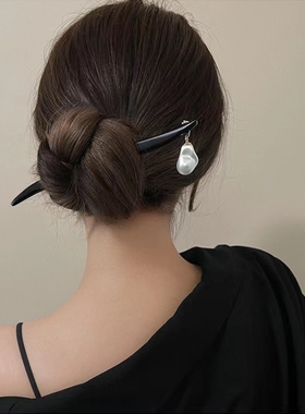 古风黑色木质发簪高级感珍珠流苏盘发簪子新中式发钗发饰汉服头饰