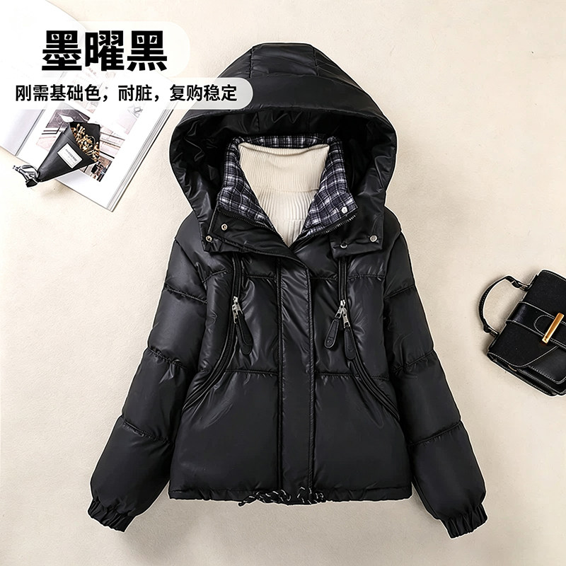 冬季PU免洗加厚女短款连帽棉服