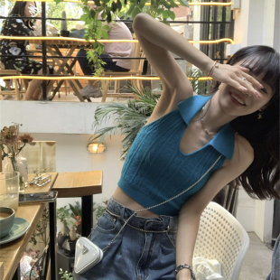 新款 女装 针织性感套头修身 露背无袖 挂脖小背心 批 纯色短款 发夏季