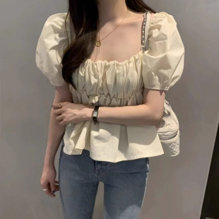 发方领时尚 批新款 短袖 显瘦娃娃衫 潮 夏季 气质减龄裙摆收腰衬衫 女装