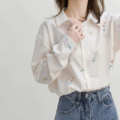 批发文艺清新长袖碎花字母衬衫