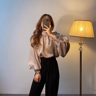 衬衣名媛气质立领光泽感缎面衬衫 发休闲宽松灯笼袖 批新款 秋冬女装