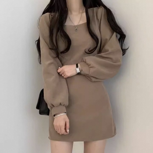纯色复古方领短款 发打底休闲收腰显瘦长袖 连衣裙潮 批新款 秋冬女装