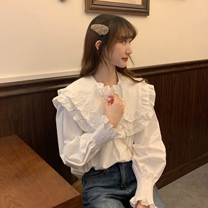 秋冬女装批新款发洋气设计感宽松百搭衬衣长袖娃娃领荷叶边衬衫潮