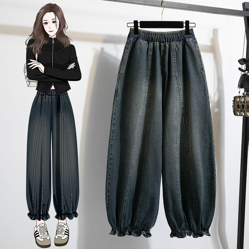 秋冬女装批新款发木耳边阔腿束脚灯笼裤高腰大码工装九分牛仔裤潮