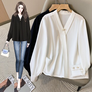 女装 设计感休闲气质衬衫 批新款 宽松V领职业衬衣长袖 潮 发大码 春季