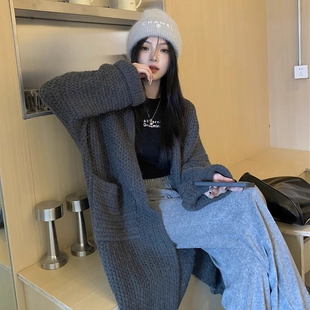 毛衣开衫 秋冬女装 宽松温柔中长款 发百搭慵懒风针织长袖 外套 批新款