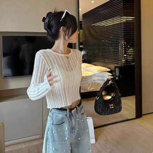 夏季女装批新款发修身显瘦短款防晒空调衫露脐长袖镂空薄款针织衫