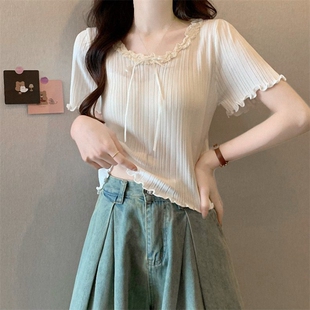 女装 针织衫 批新款 木耳边拼接蕾丝镂空蝴蝶结短款 潮 发甜美短袖 夏季