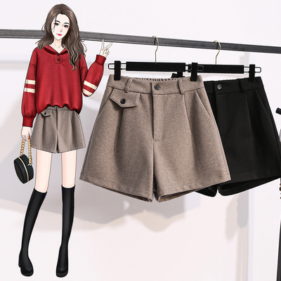 宽松大码靴裤毛呢高腰阔腿短裤潮