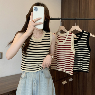 女装 遮肉针织短款 批新款 上衣修身 条纹背心 发显瘦外穿内搭无袖 夏季