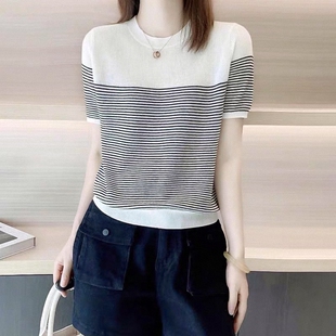 夏季女装批新款发百搭时尚拼色洋气上衣休闲透气薄款条纹针织衫