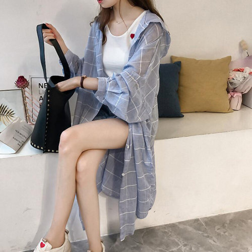 批发连帽防晒中长款格子薄外套潮