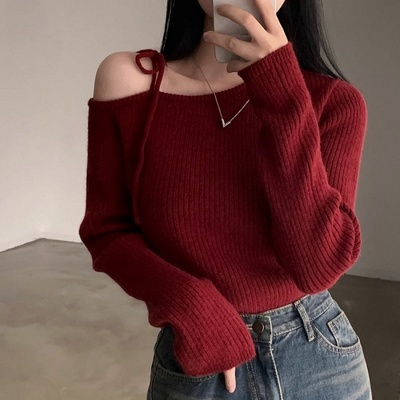 批发修身减龄斜领系带露肩针织衫