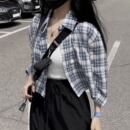 防晒短款 批新款 发复古宽松格子衬衣长袖 薄外套潮 衬衫 女装 夏季 韩版