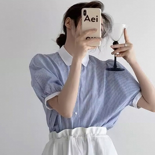 衬衫 夏季 发设计感小众气质拼色衬衣慵懒风条纹宽松短袖 批新款 女装