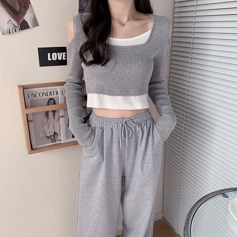 批发假两件修身露脐短款针织衫