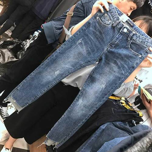破洞九分小脚大码修身弹力牛仔裤
