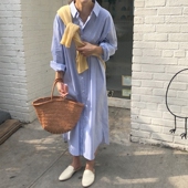 开叉条纹衬衫 春季 发清新百搭休闲宽松衬衣chic中长款 批新款 裙 女装