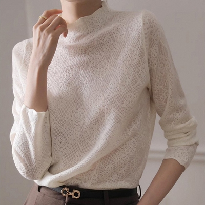 批发提花半高领性感镂空薄针织衫