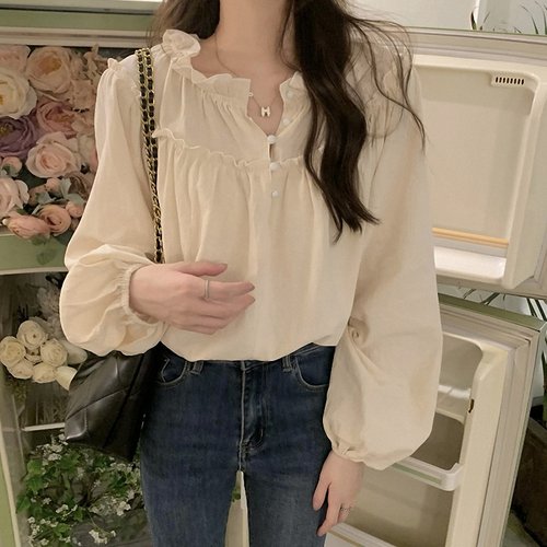 批发宽松褶皱木耳边灯笼袖衬衫潮