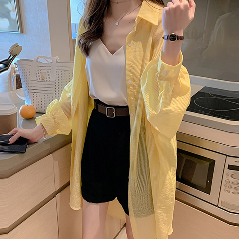 夏季女装批新款发百搭长袖宽松透气中长款条纹衬衫防晒衣服薄外套