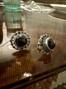 古董设计玫瑰切石榴石通体925银耳钉镂空宫廷德国巴伐利亚时期