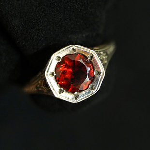阿呆时期 重工雕花戒壁欧洲古董925银石榴石戒指 红色西洋宫廷复