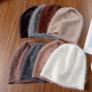 羊绒拉毛平面纯色款帽子休闲百搭针织包头保暖加厚毛线复古时尚