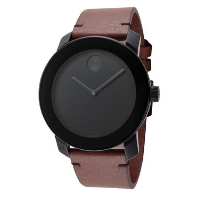 代购Movado/摩凡陀男士42mm石英腕表黑盘牛皮表带防水30米