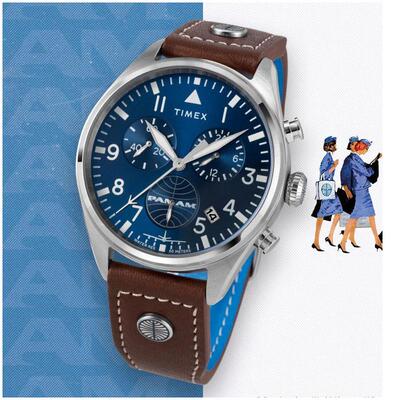 代购Timex X Pan Am Chronograph天美时联名飞行计时表石英三眼
