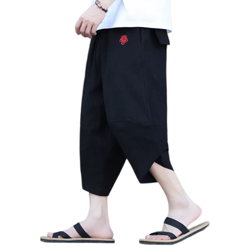 刺绣宽松七分裤短裤男中国风宽松休闲棉麻潮流阔腿哈伦裤灯笼裤