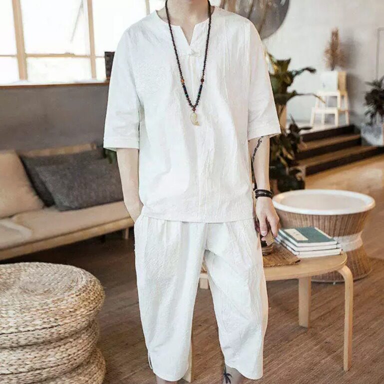 大码棉麻亚麻套装男夏季半袖唐装禅意打坐禅修服佛系汉服男居士服