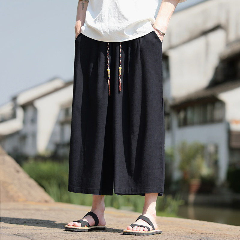 夏季男休闲薄款裤中国风提花裤子锦宽松休闲裤宽松大码八分哈伦裤