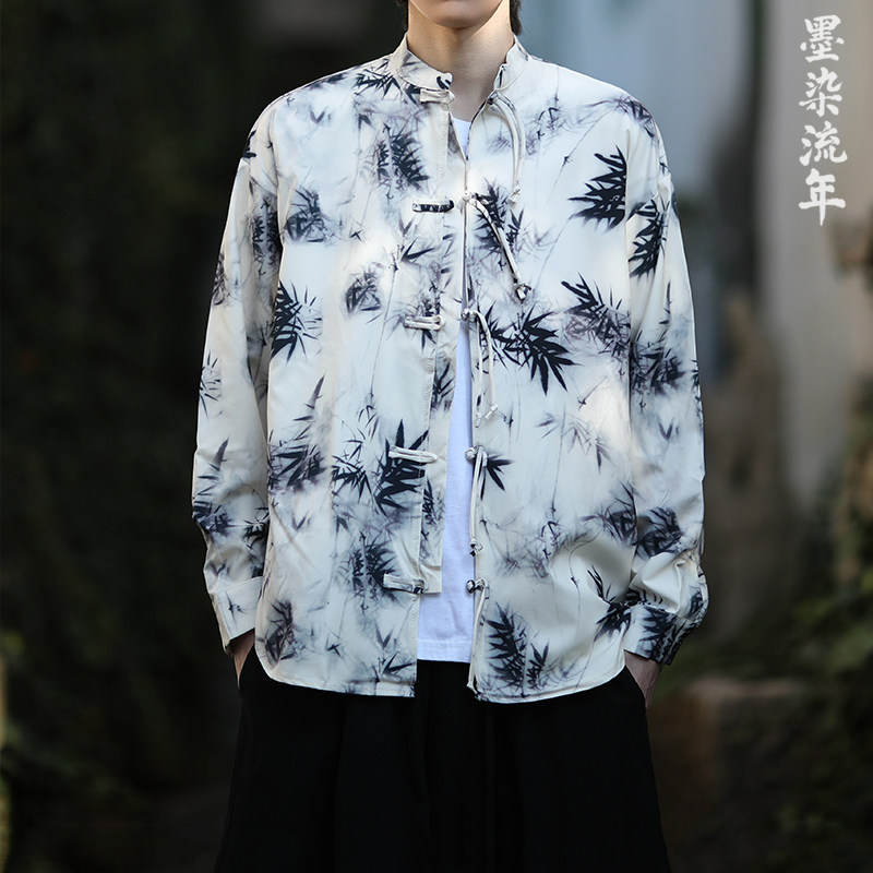 新中式男水墨竹盘扣长袖衬衫