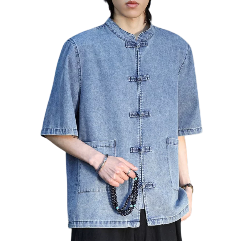 新中式复古盘扣牛仔短袖衬衫男夏季唐装国风宽松大码汉服水茶服潮