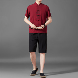 大码刺绣唐装男中老年夏季短袖套装中老年上衣夏装新中式国风衣服