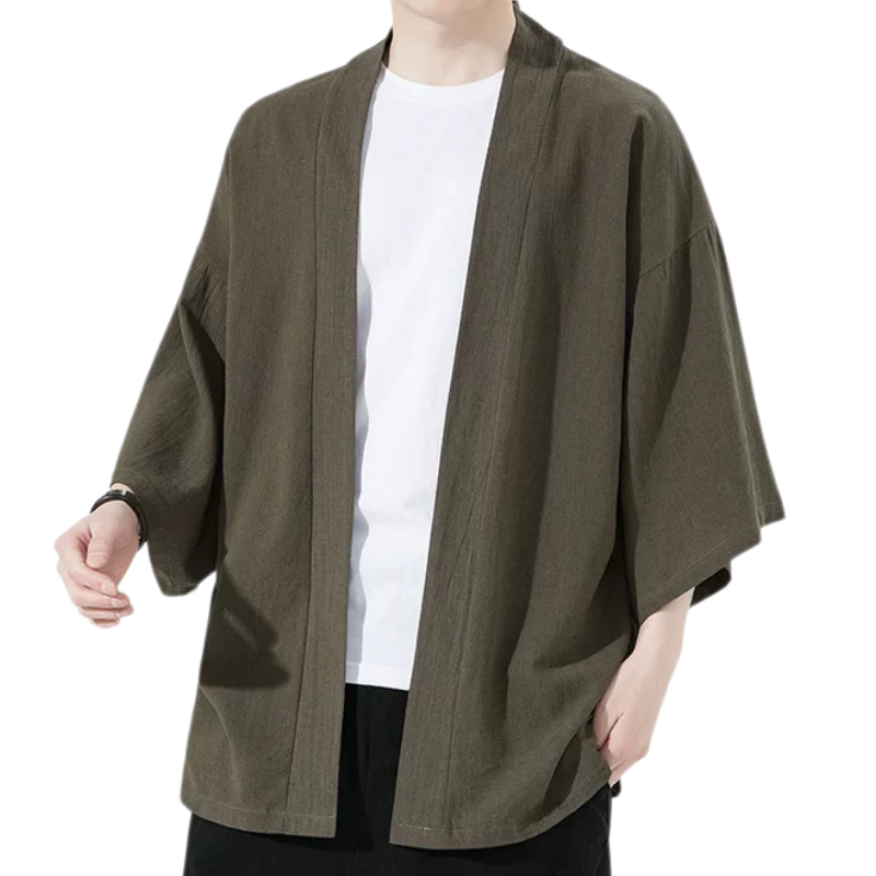 中国风时尚夏薄棉麻披风开衫汉服道袍男和服七分袖宽松防晒服风衣