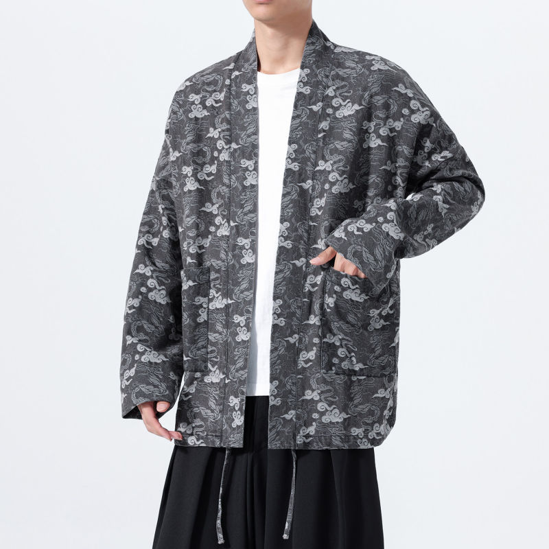 秋季牛仔道袍云纹唐装男中式牛仔外套复古宽松日系中国风汉服开衫
