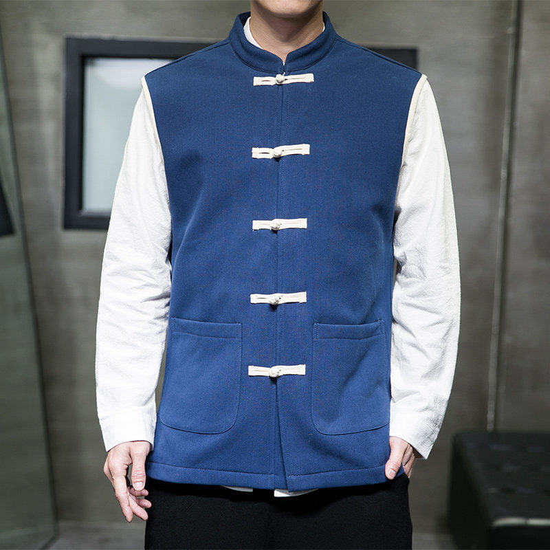 中国风秋冬棉麻休闲新款加绒加厚马甲男中式复古唐装背心-蓝,男装,常规马甲,淘宝优惠券,粉丝福利购,淘宝优惠卷