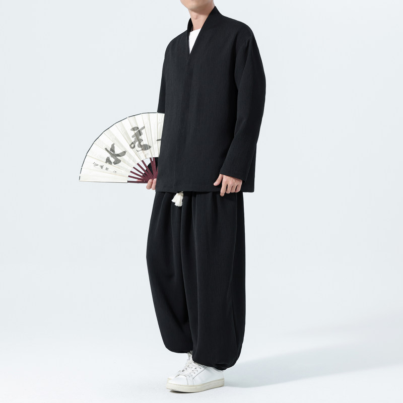 新中式男士两件套秋季复古宽松大码唐装衬衫灯笼裤中国风休闲套装图片