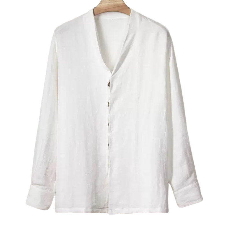 2026春夏季新款简约中式V领棉麻长袖衬衫男亚麻上衣男士纯色衬衣