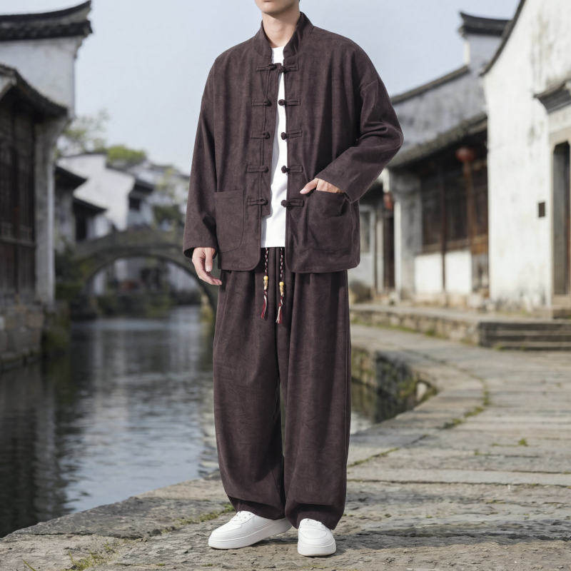 中国风复古盘扣唐装长袖上衣春秋款男士灯芯绒套装宽松大码两件套
