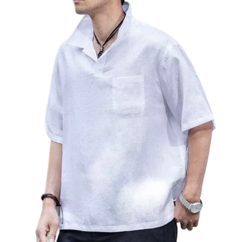 翻领唐装中国风男全麻短袖衬衫男夏装薄男士T恤100%亚麻薄款上衣