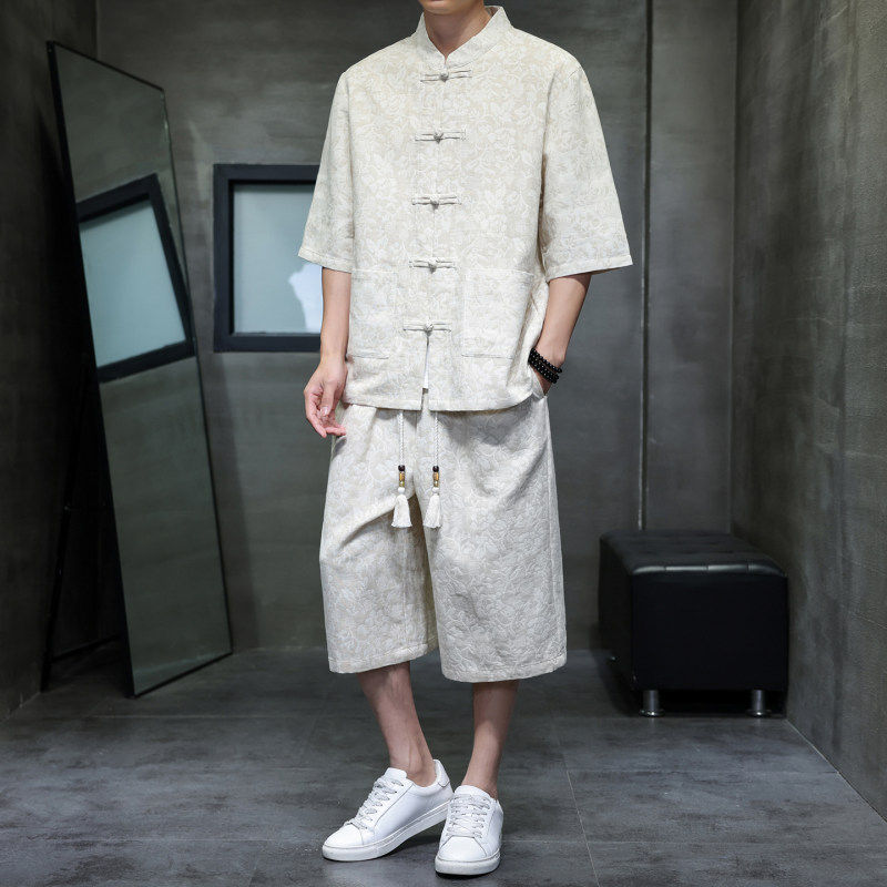 夏季亚麻提花中国风男两件套