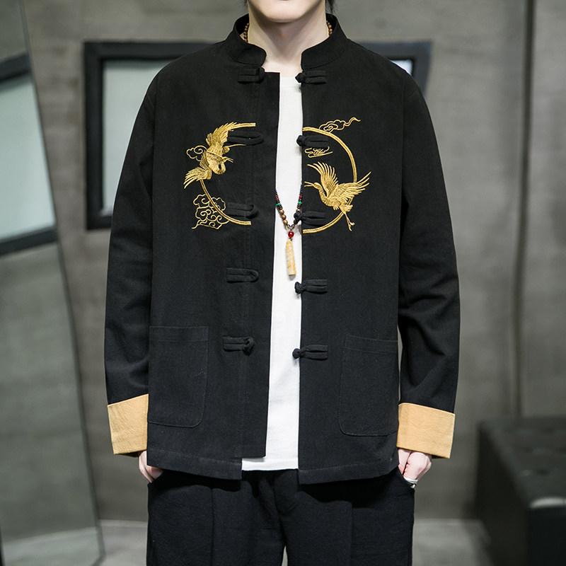 新中式立领棉麻刺绣男衬衫