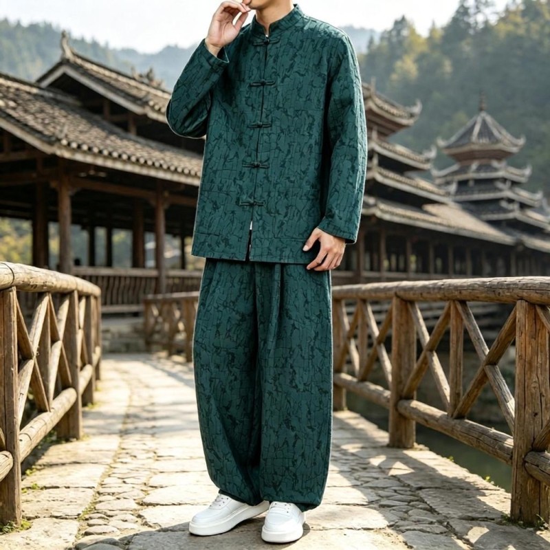 亚麻衬衫男长袖唐装改良汉服秋冬季新中式国风套装棉麻中山装一套