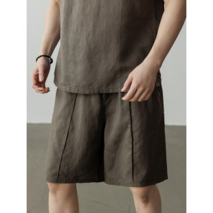 麻料五分裤 男士 中裤 亚麻短裤 大裤 夏季 外穿宽松休闲透气时尚 衩 男款